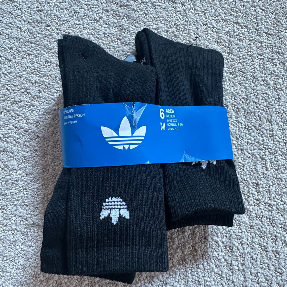 adidas Black Crew Socks with White Trefoil Accent - 6 Pack